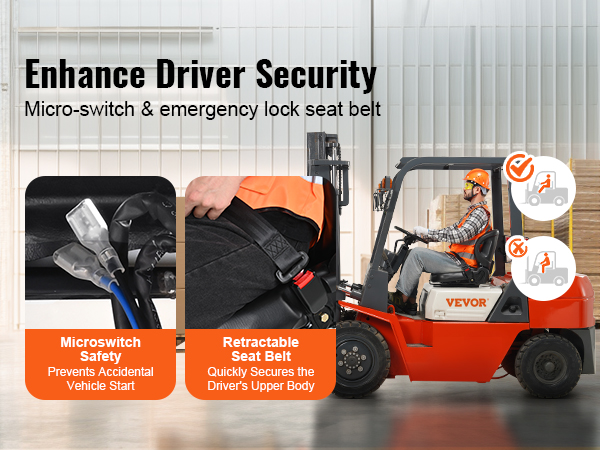 VEVOR forklift seat with microswitch, emergency lock seat belt, and driver safety enhancements in warehouse.