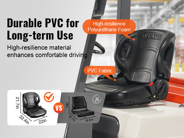 durable VEVOR forklift seat made of high-resilience polyurethane foam and pvc fabric for long-term use.