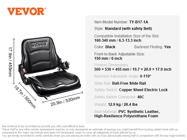 VEVOR universal forklift seat, black, pvc synthetic leather, adjustable with safety belt, 19.7x17.9 in.