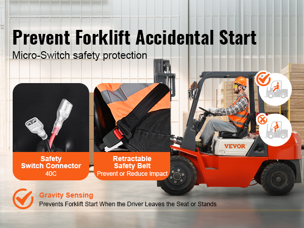 VEVOR universal forklift seat with retractable safety belt and micro-switch. enhance driver security.