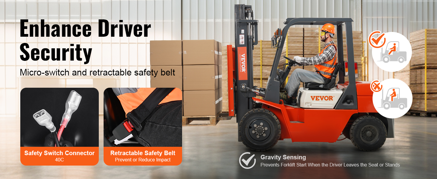 VEVOR universal forklift seat with retractable safety belt and micro-switch. enhance driver security.