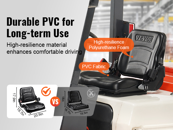 VEVOR universal forklift seat with high-resilience foam and durable pvc for comfortable long-term use.