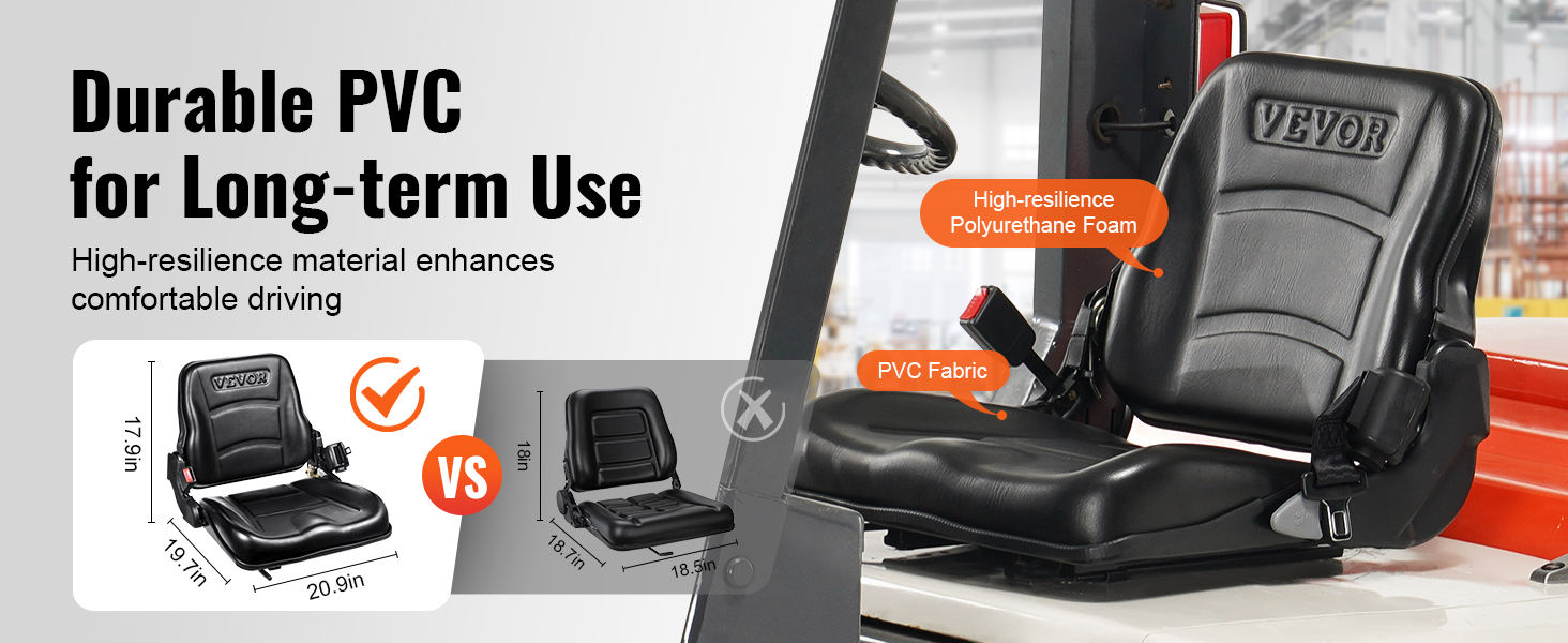 VEVOR universal forklift seat with high-resilience foam and durable pvc for comfortable long-term use.