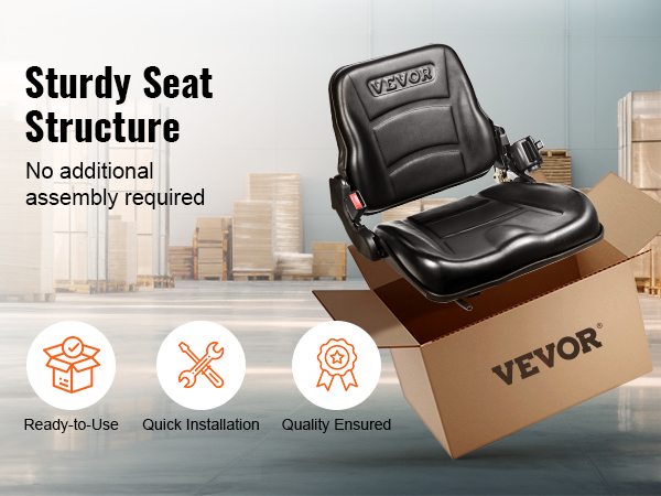 VEVOR universal forklift seat in warehouse, showcasing ready-to-use, quick installation, and quality.