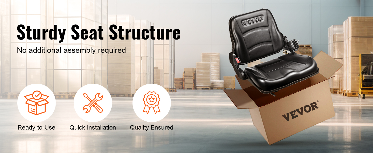 VEVOR universal forklift seat in warehouse, showcasing ready-to-use, quick installation, and quality.