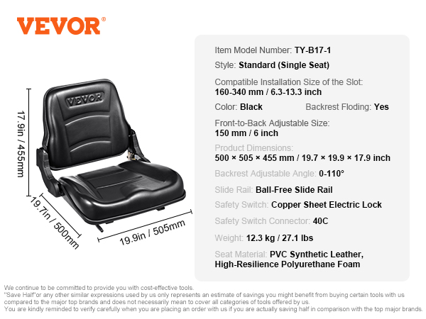 VEVOR forklift seat, black with adjustable backrest and ball-free slide rail, dimensions 19.7"x19.9"x17.9".