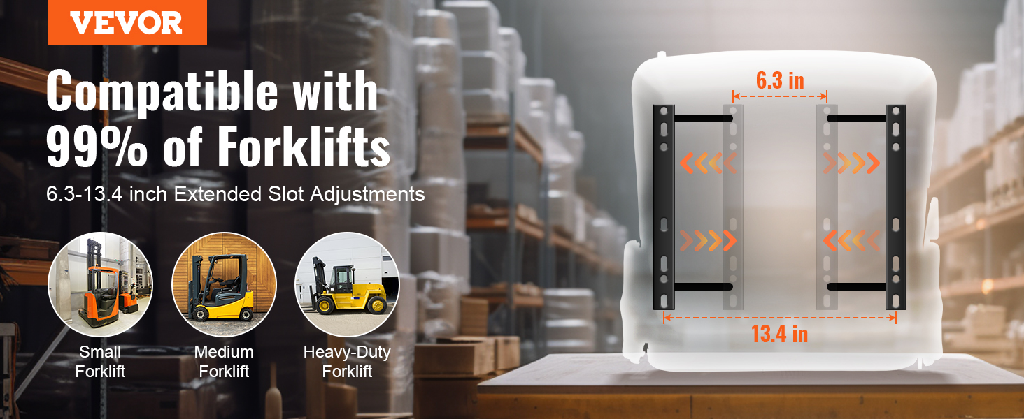 VEVOR forklift seat with adjustable slots, compatible with 99% of forklifts, small to heavy-duty.