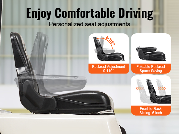 VEVOR forklift seat with adjustable backrest, foldable design, and 6-inch sliding for comfort.