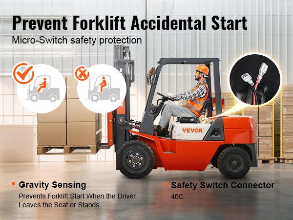 VEVOR forklift seat with gravity sensing and safety switch, preventing accidental forklift start.