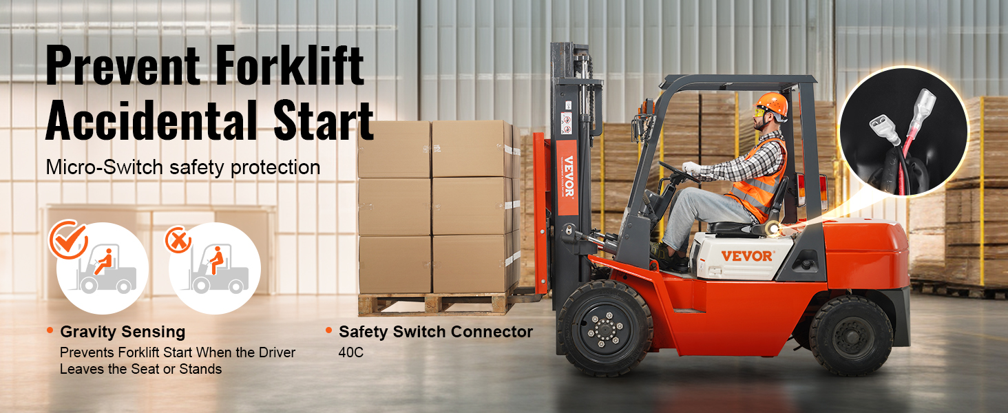 VEVOR forklift seat with gravity sensing and safety switch, preventing accidental forklift start.