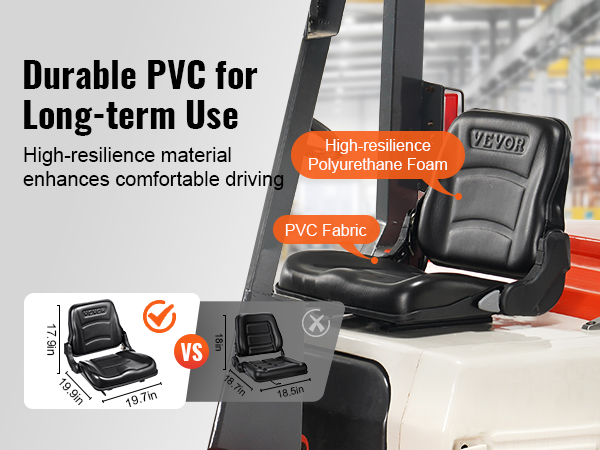 VEVOR forklift seat with durable pvc, high-resilience polyurethane foam, and comfortable design.