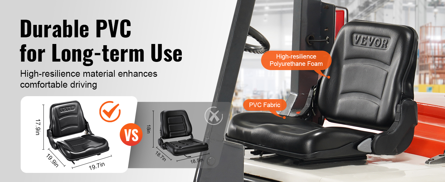 VEVOR forklift seat with durable pvc, high-resilience polyurethane foam, and comfortable design.