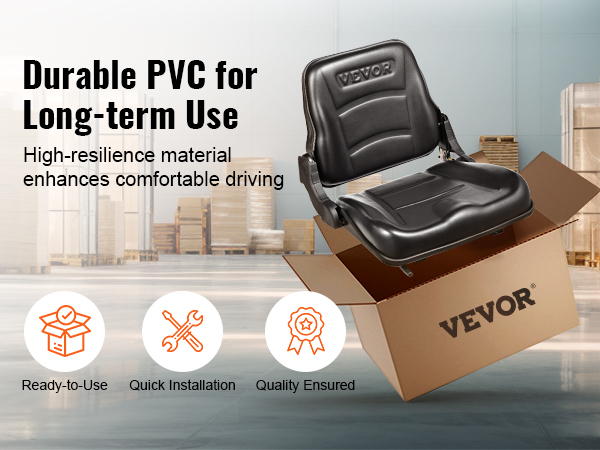 VEVOR forklift seat in warehouse showing sturdy seat structure, ready-to-use, quick installation, quality ensured.