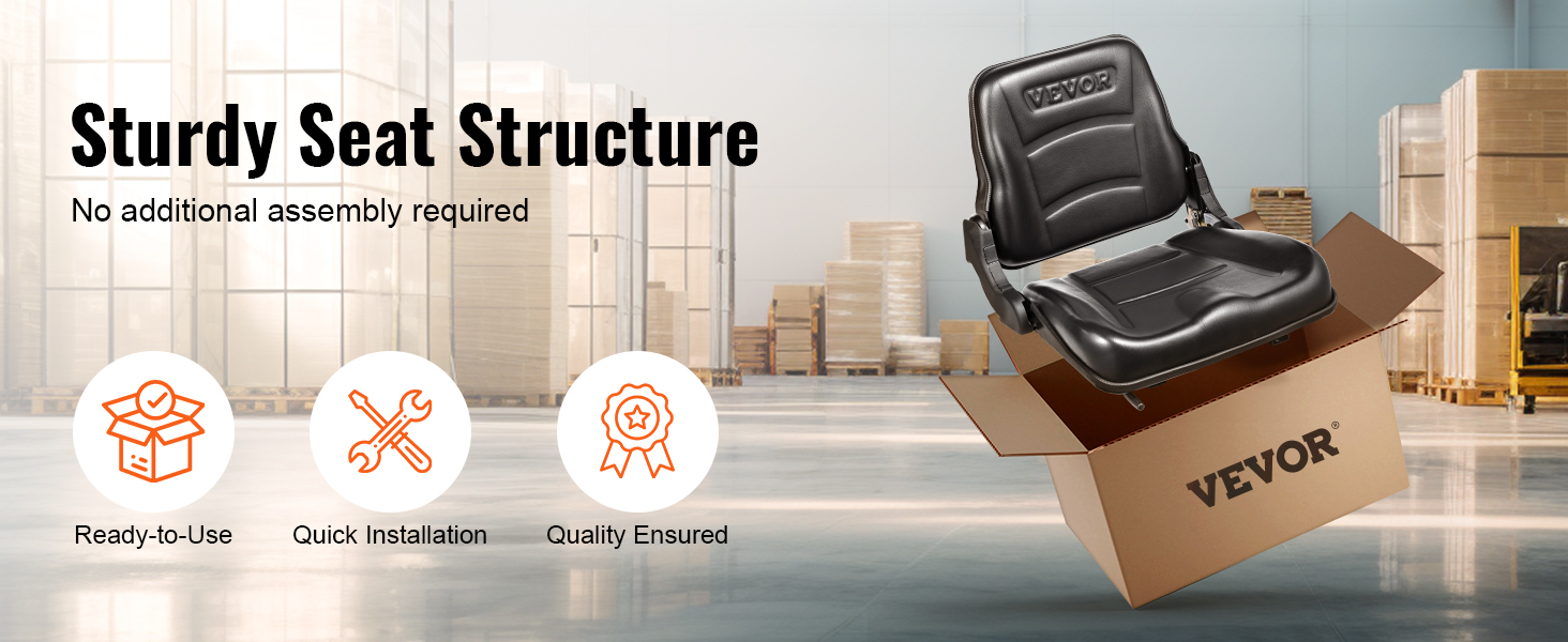 VEVOR forklift seat in warehouse showing sturdy seat structure, ready-to-use, quick installation, quality ensured.