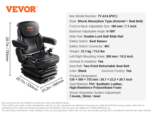 VEVOR universal tractor seat specs: pvc leather, shock absorption, 3-level adjust, armrest, seat belt.