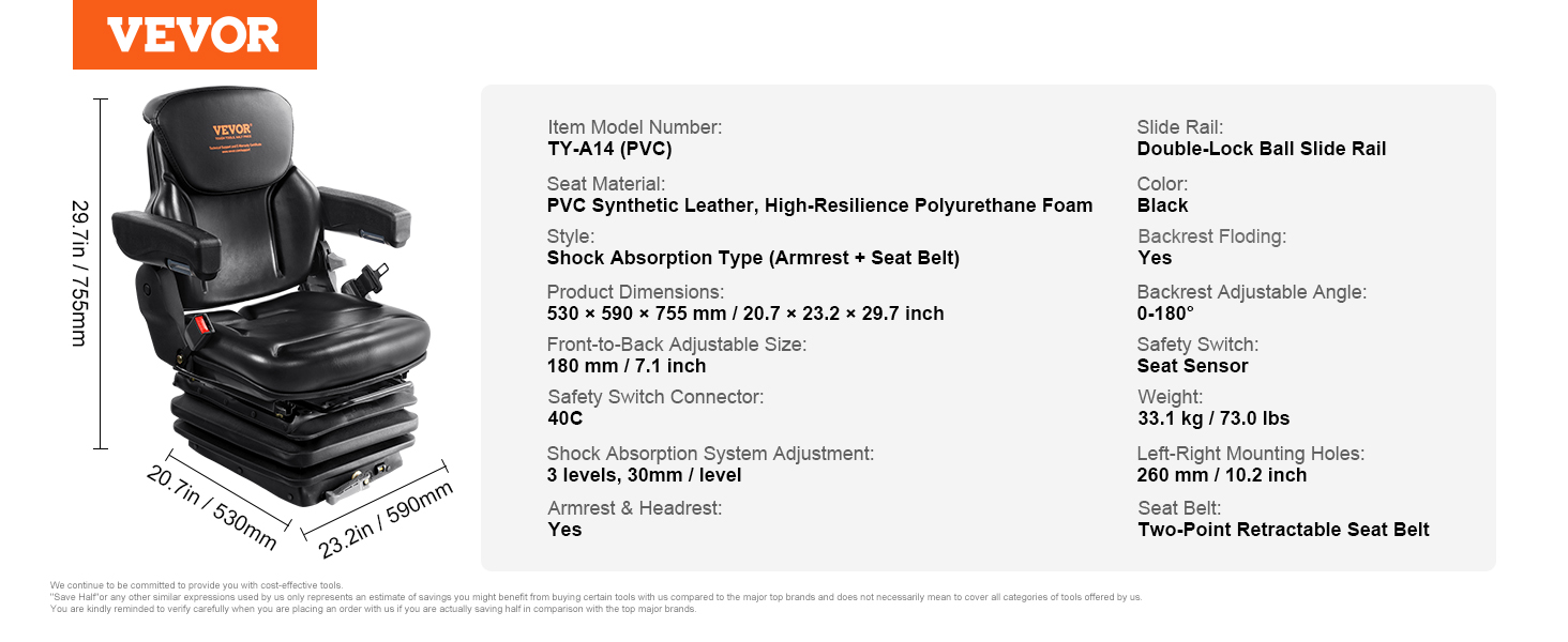 VEVOR universal tractor seat specs: pvc leather, shock absorption, 3-level adjust, armrest, seat belt.