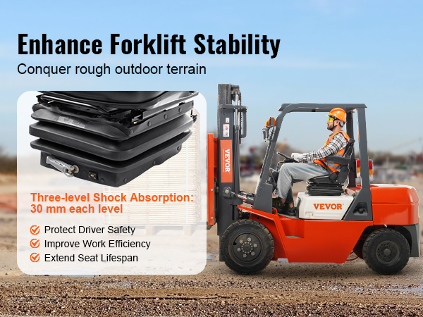 forklift with VEVOR universal tractor seat showcasing three-level shock absorption, enhancing stability and efficiency.