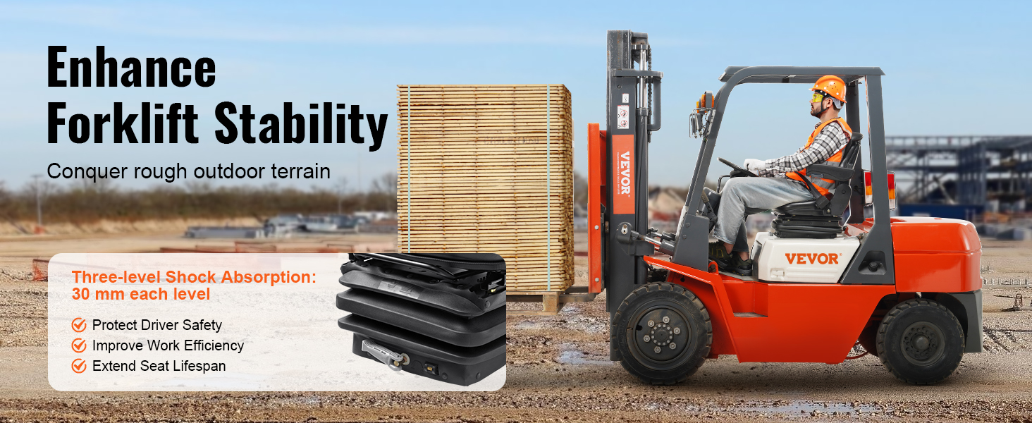forklift with VEVOR universal tractor seat showcasing three-level shock absorption, enhancing stability and efficiency.