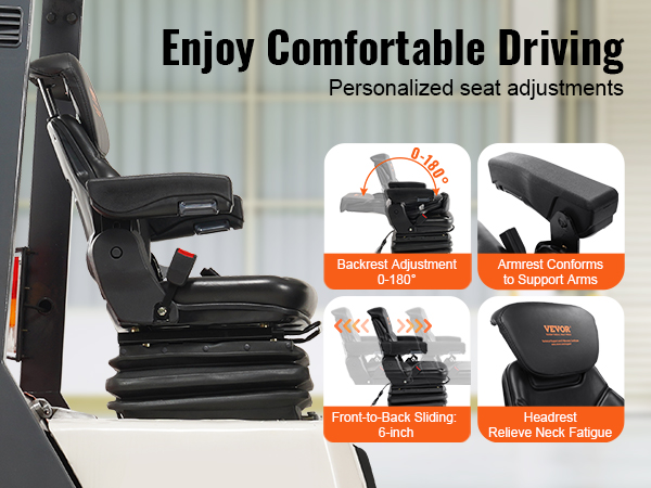 VEVOR universal tractor seat with adjustable backrest, sliding, armrest, and headrest for comfort.