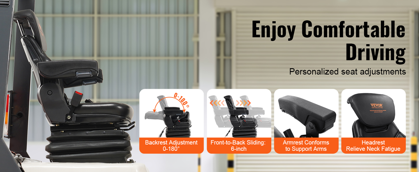 VEVOR universal tractor seat with adjustable backrest, sliding, armrest, and headrest for comfort.