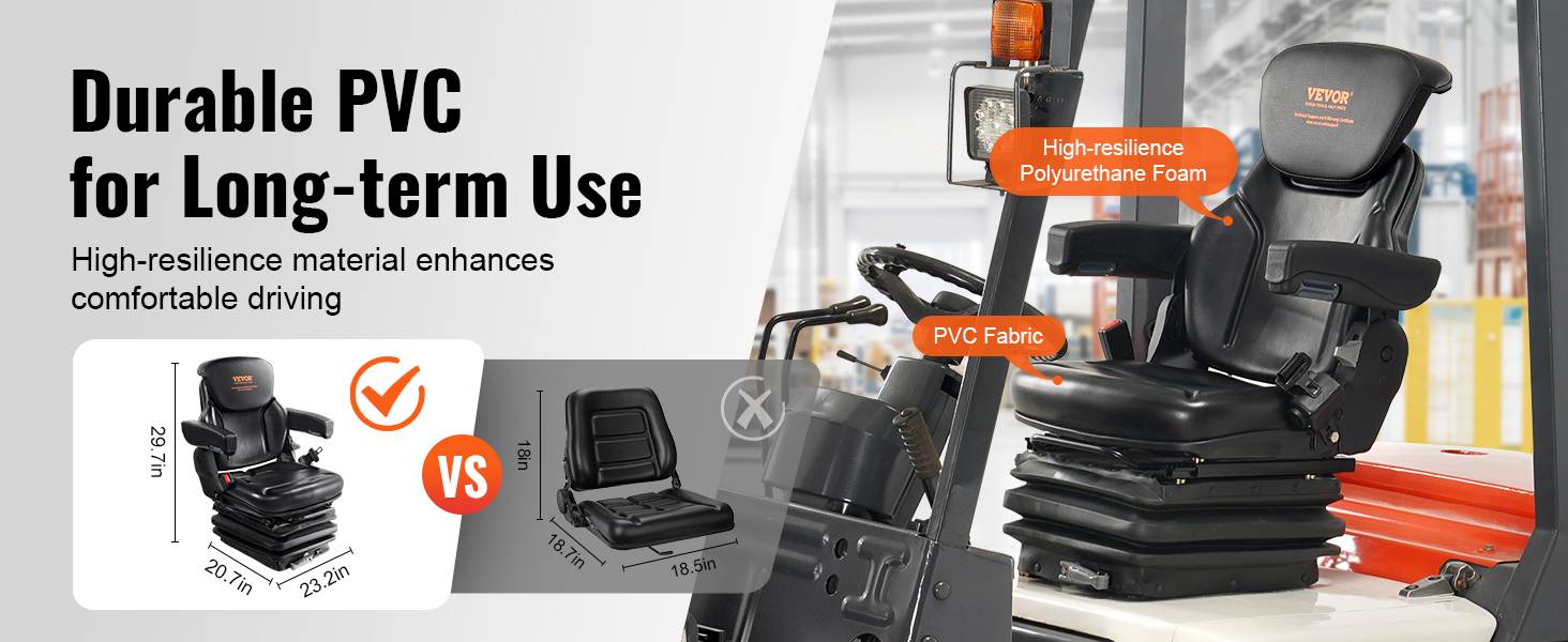 VEVOR universal tractor seat with durable pvc and high-resilience foam for long-term use and comfort.