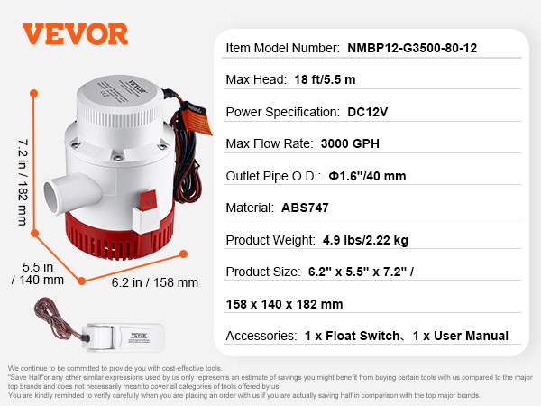 VEVOR bilge pump with 3000 gph, 18 ft max head, and dc 12v, dimensions 6.2"x 5.5" x 7.2".