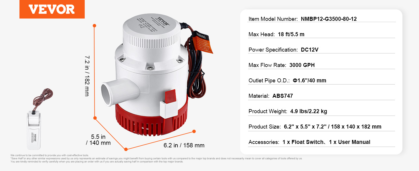 VEVOR bilge pump with 3000 gph, 18 ft max head, and dc 12v, dimensions 6.2"x 5.5" x 7.2".