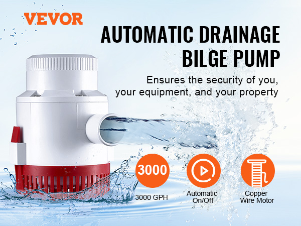 VEVOR bilge pump automatic drainage system with 3000 gph, copper wire motor, and splash effects.