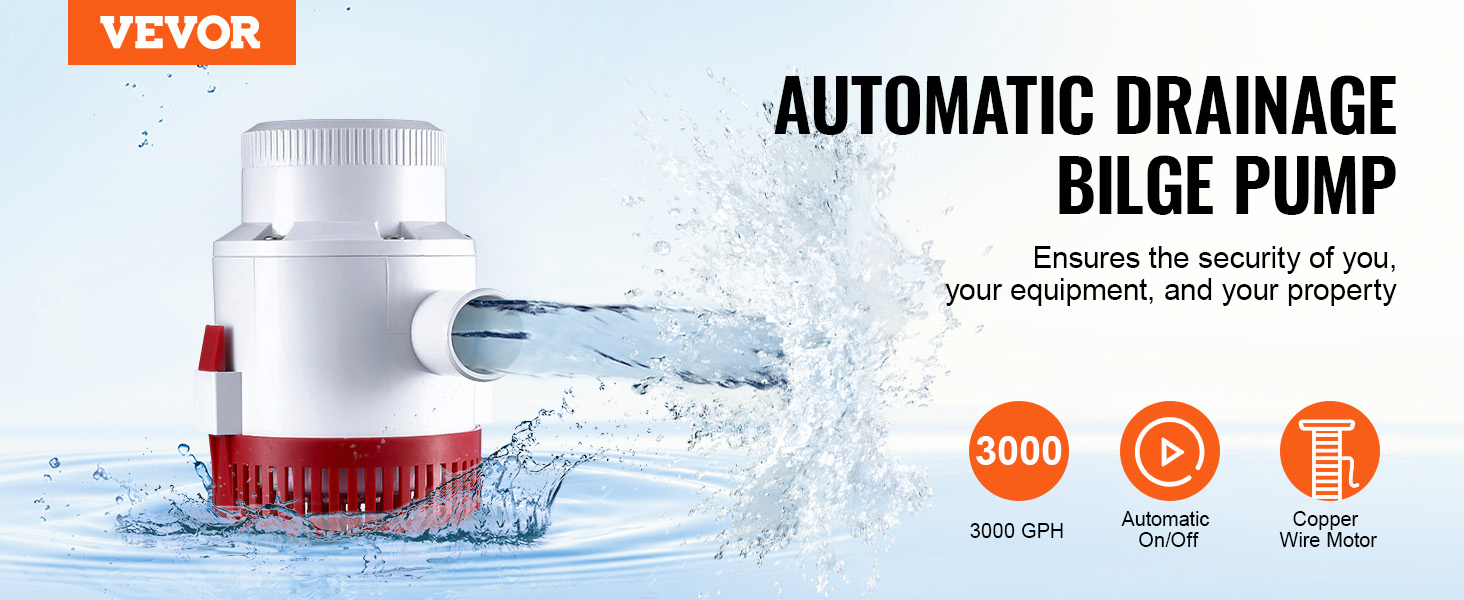 VEVOR bilge pump automatic drainage system with 3000 gph, copper wire motor, and splash effects.
