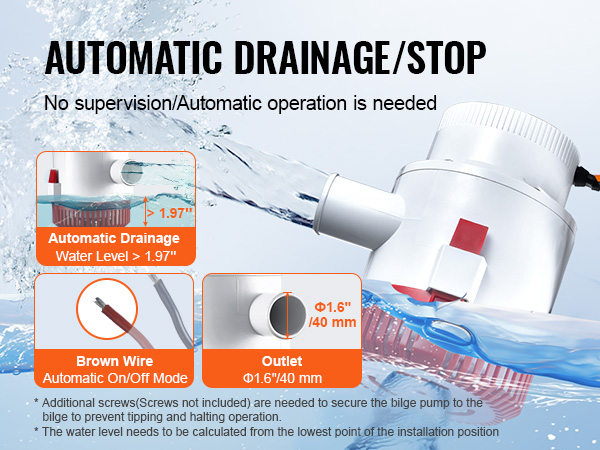 VEVOR bilge pump with automatic drainage, brown wire on/off mode, and 1.6-inch outlet.