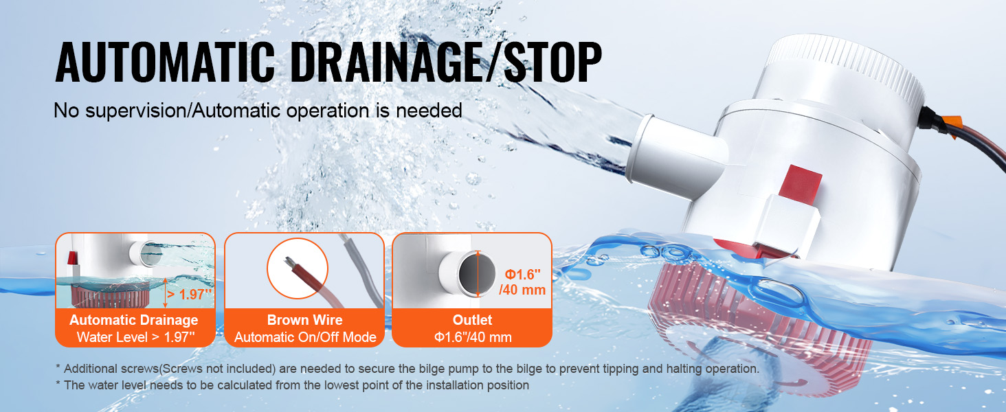 VEVOR bilge pump with automatic drainage, brown wire on/off mode, and 1.6-inch outlet.