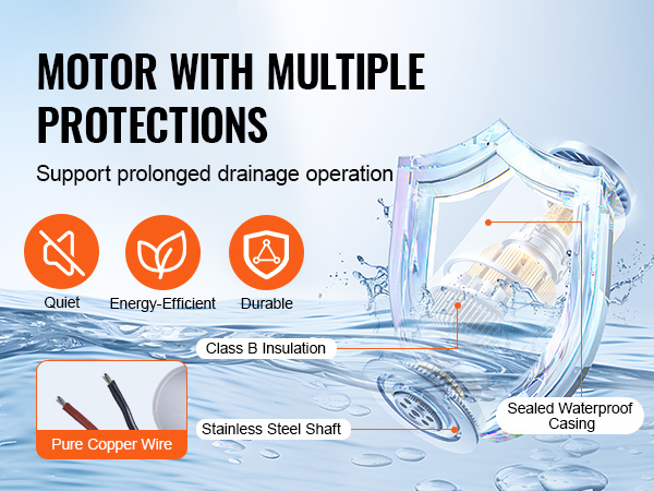 VEVOR bilge pump with pure copper wire, stainless steel shaft, class b insulation, and sealed waterproof casing.