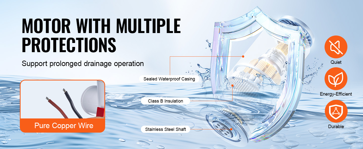 VEVOR bilge pump with pure copper wire, stainless steel shaft, class b insulation, and sealed waterproof casing.