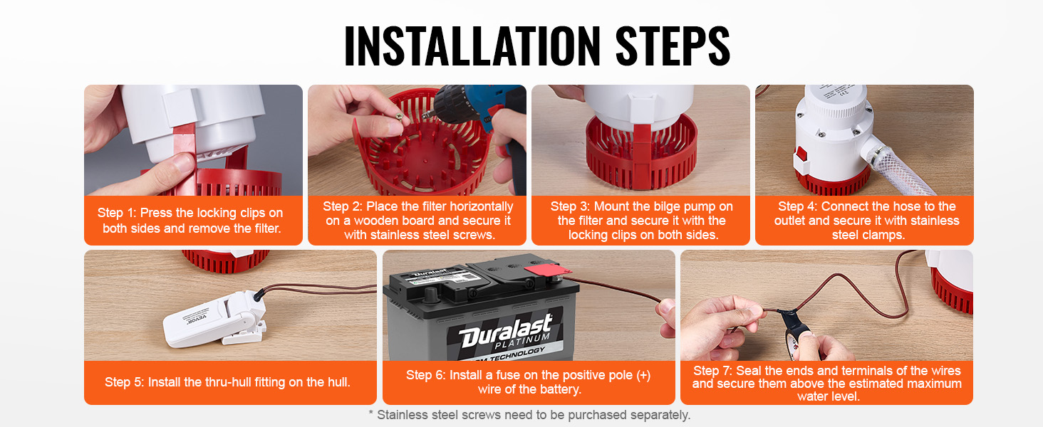 installation steps for the VEVOR bilge pump with locking clips, filter, hose, battery fuse, and wire sealing.