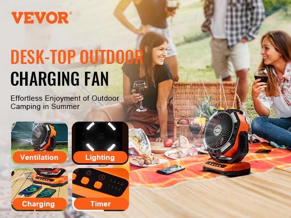 VEVOR portable fan for outdoor camping with friends, highlighting ventilation, lighting, charging, and timer.
