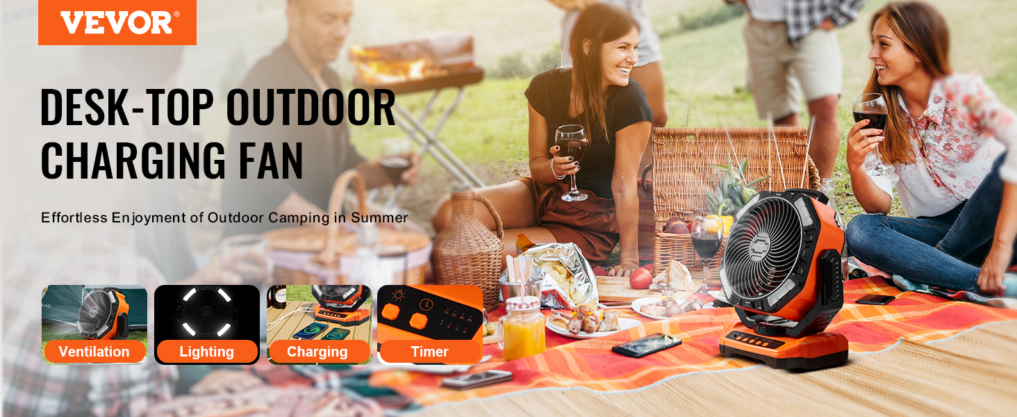 VEVOR portable fan for outdoor camping with friends, highlighting ventilation, lighting, charging, and timer.