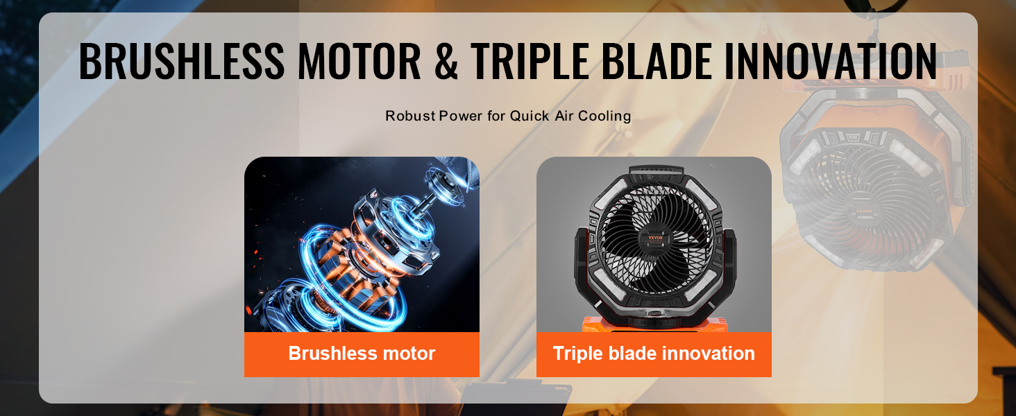 brushless motor and triple blade innovation of the VEVOR portable fan for quick air cooling.