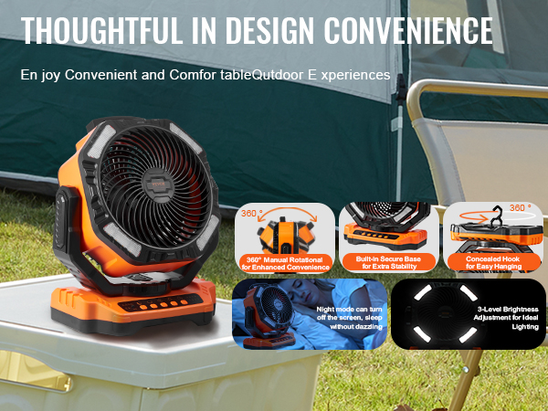 VEVOR portable fan with 360° rotation, secure base, and night mode for camping convenience.