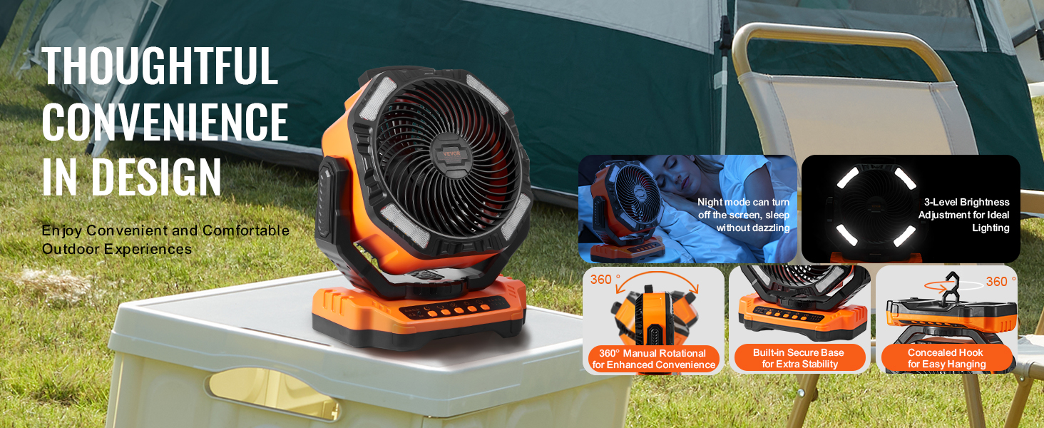 VEVOR portable fan with 360° rotation, secure base, and night mode for camping convenience.
