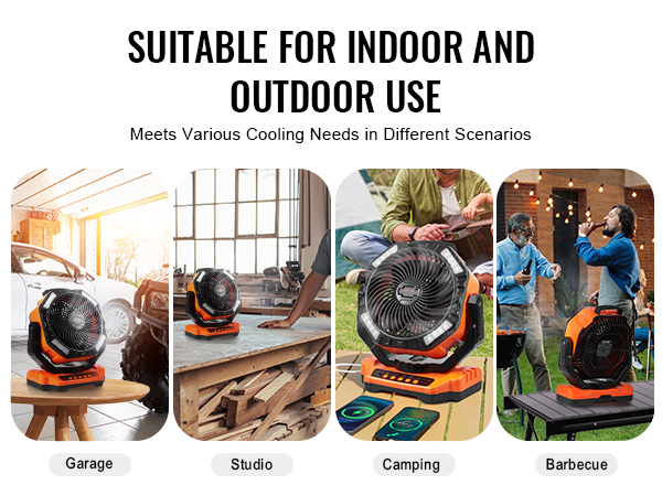 VEVOR portable fan for garage, studio, camping, and barbecue, suitable for indoor and outdoor use.