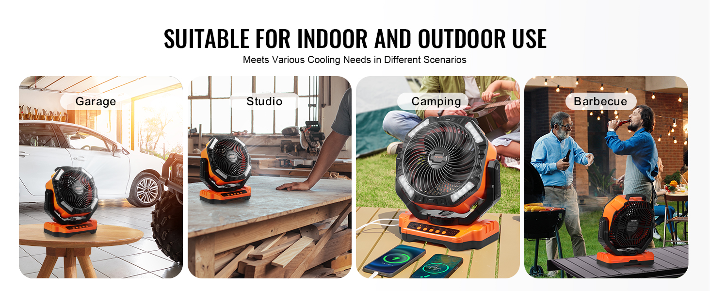 VEVOR portable fan for garage, studio, camping, and barbecue, suitable for indoor and outdoor use.