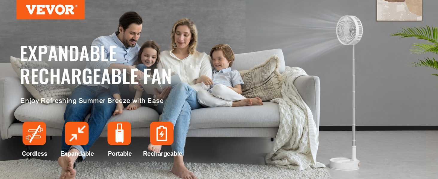 family relaxing on a sofa alongside a VEVOR foldable oscillating fan, emphasizing its portability and cordless rechargeability.