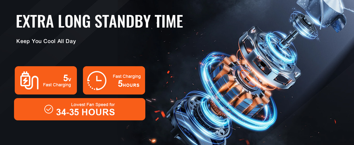 extra long standby time for VEVOR foldable oscillating fan with 5v fast charging and 34-35 hours runtime.