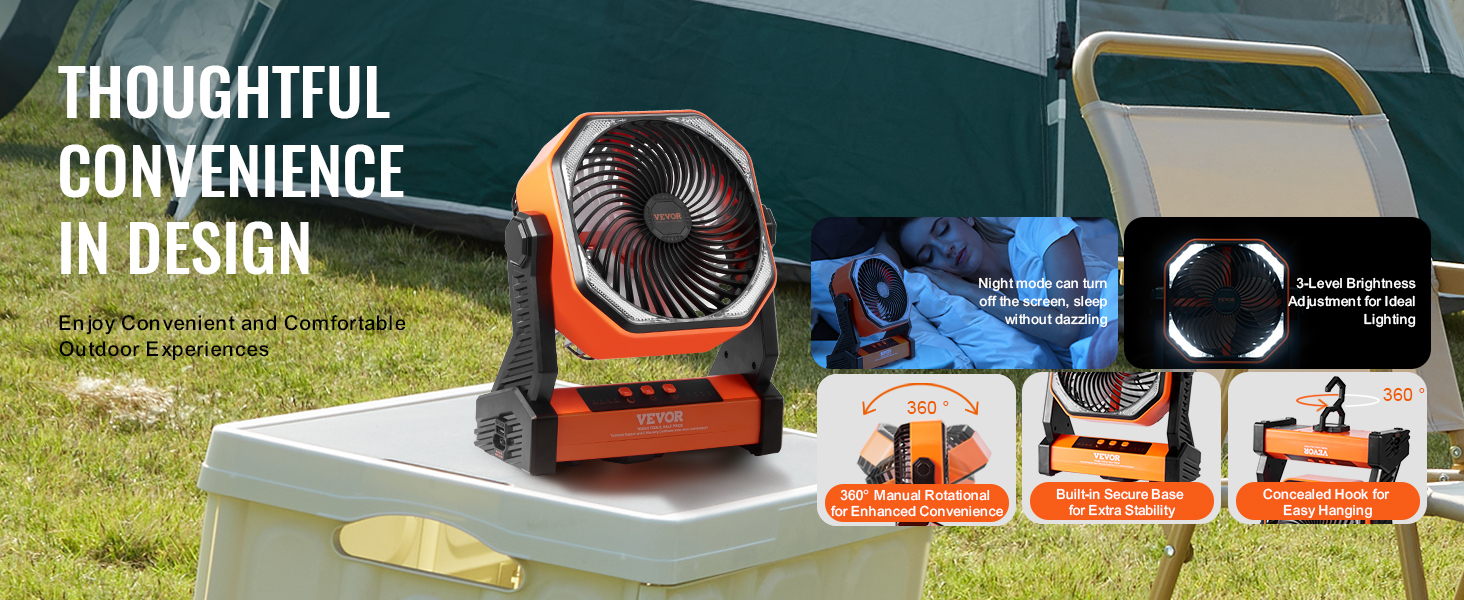VEVOR portable fan on a table with tent, showcasing 360° rotation, built-in secure base, and night mode.