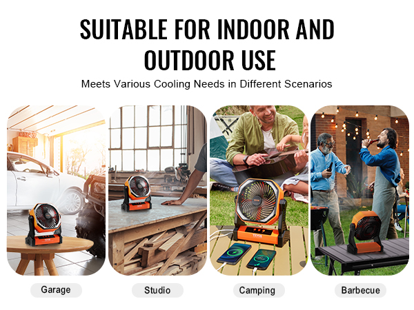 VEVOR portable fan in various settings: garage, studio, camping, and barbecue areas.