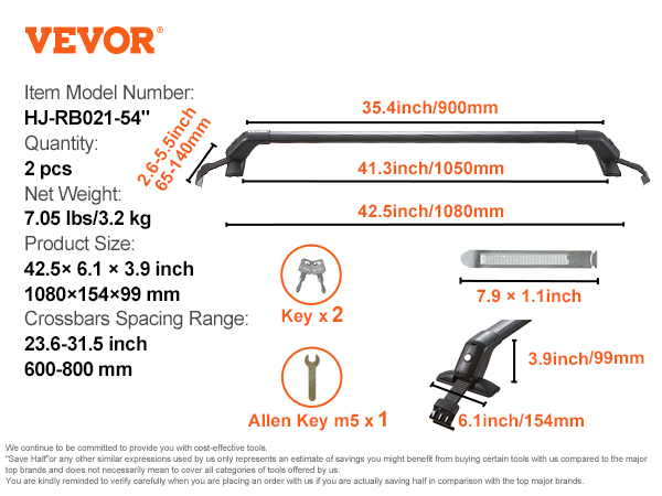 VEVOR roof rack cross bars specifications: item model hj-rb017-108cm, quantity 2 pcs, weight 6.8 lbs.