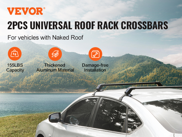 2pcs universal roof rack crossbars on a car by a lake, with mountains in the background.