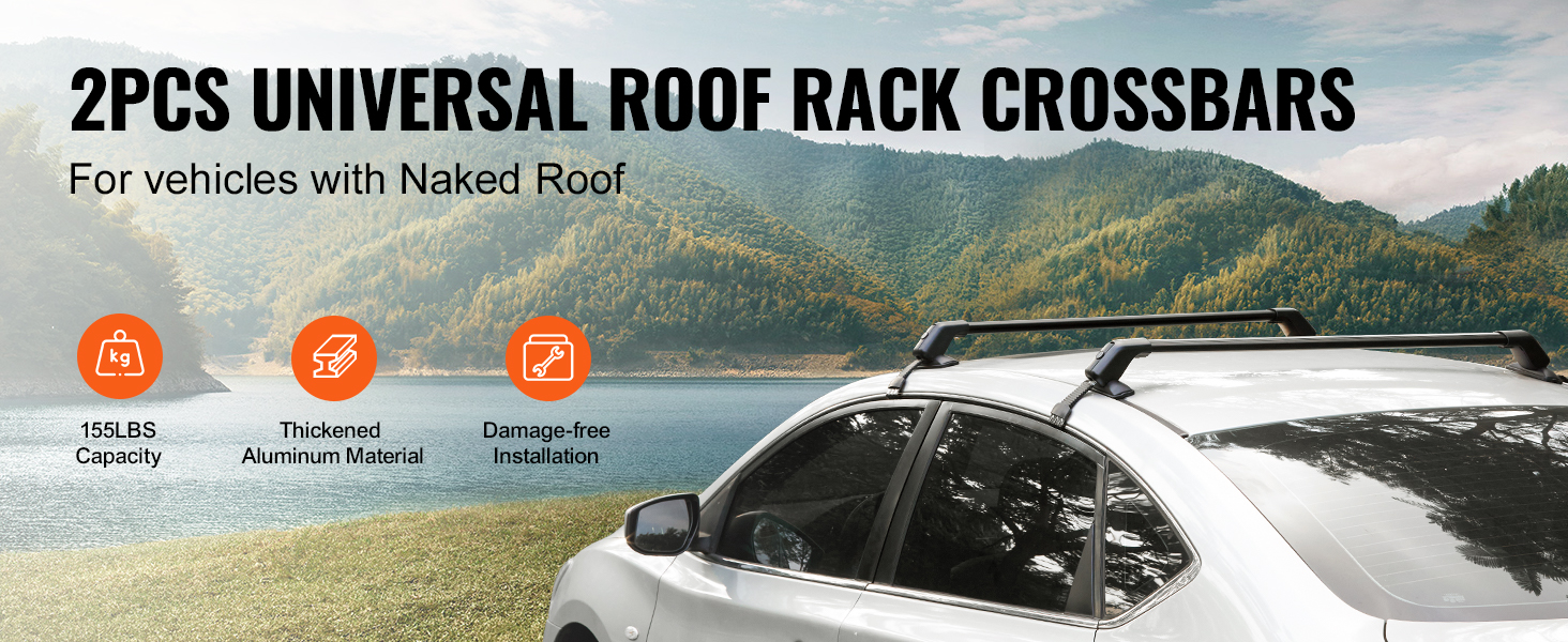 2pcs universal roof rack crossbars on a car by a lake, with mountains in the background.
