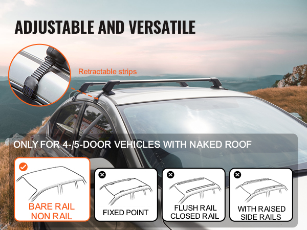 VEVOR roof rack cross bars on a car with a naked roof, showing compatibility and retractable strips.