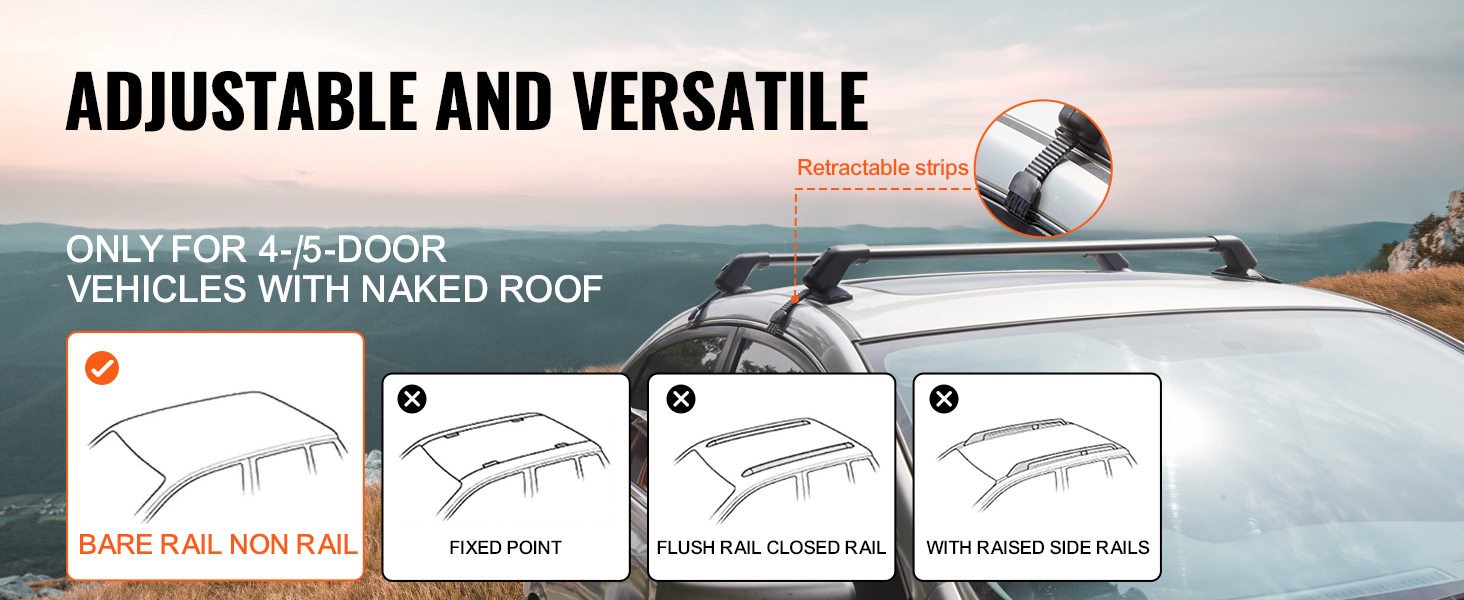 VEVOR roof rack cross bars on a car with a naked roof, showing compatibility and retractable strips.